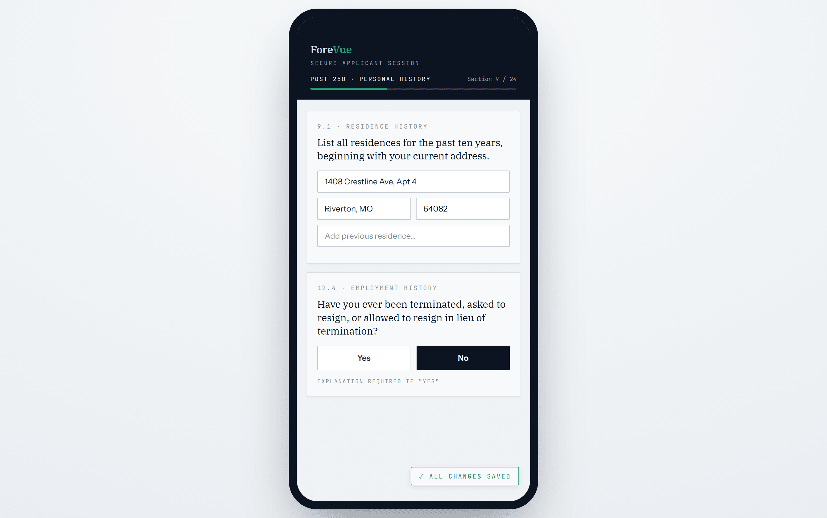 The Forevue applicant questionnaire on a phone: the POST 250 personal-history form with a saved-progress indicator.