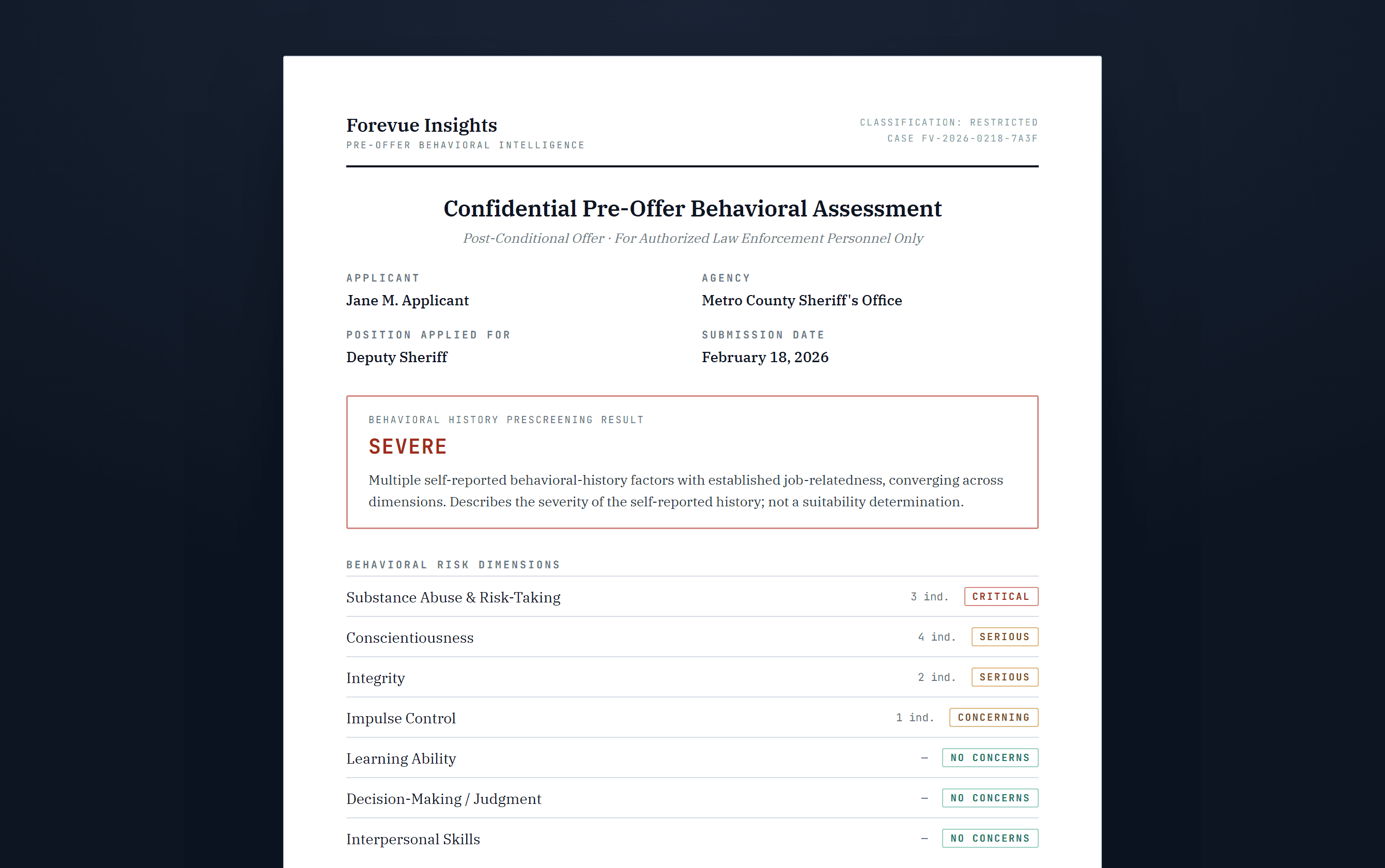 A formal Forevue pre-offer behavioral assessment: letterhead, an overall SEVERE prescreening result, seven POST risk dimensions with severity chips, and an IPIP-NEO-120 profile.